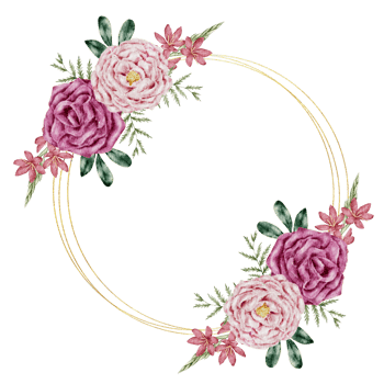 Pink flower wreath watercolor with gold frame png