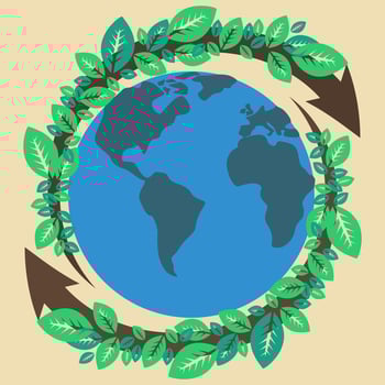 Editable Globe Vector with Two Spinning Arrows and Leaves in Flat Style for Earth Day or Green Life Environment Related Illustration