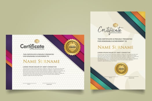 set certificate template with ribbon stripes ornament and modern texture pattern background. Diploma. Vector illustration