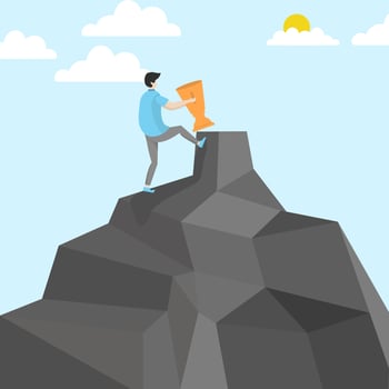 the concept of reaching the pinnacle of career or success, men who climb mountains to lift career trophies or success vector