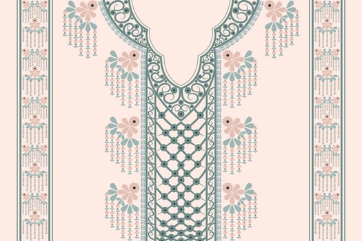 Beautiful ethnic neckline brown-green color floral pattern with border. Tribal art shirts fashion. vector