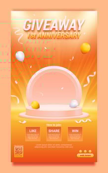 Giveaway anniversary with podium on spotlight background poster and stories social media template vector