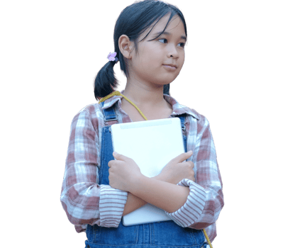Asian schoolgirl with book, transparent background. png