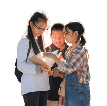 Asian schoolgirl with book, transparent background. png