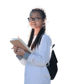 Asian schoolgirl with book, transparent background. png