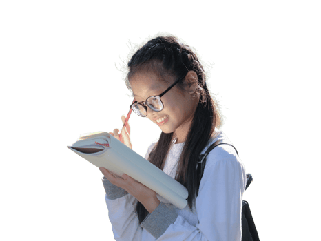 Asian schoolgirl with book, transparent background. png