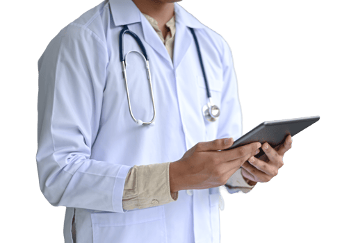Medical personnel working with tablets, transparent background. png