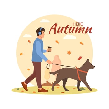 A young man walks the dog. Hello autumn.Coffee in hand. Vector illustration.