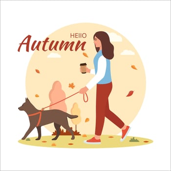 A young girl walks the dog. Hello autumn.Coffee in hand. Vector illustration.