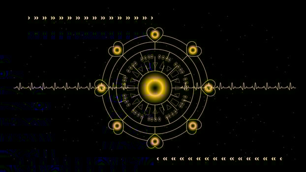 Heart pulse or ekg in monitor for UI Hi-tec interface black and gold  digital technology with glowing particles ,vector illustration. vector