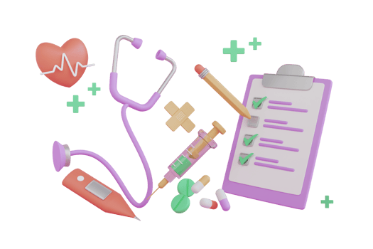 3D Health insurance concept surrounded by a syringe, thermometer, band, stethoscope and pills. medical checklist. 3d rendering png