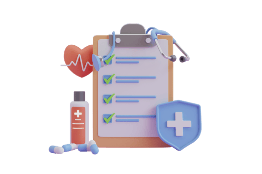 3d rendering medical report with blood tube , pills and stethoscope. Signing health checklist, medical check up report.3D render illustration png