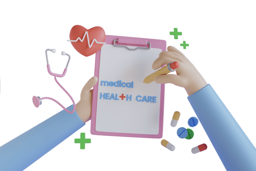 3d render. Doctor's paper form, diagnosis, medical list with medications.document personal information Checklist on a clipboard paper heart with heartbeat pulse line. png
