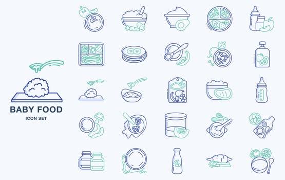 Variety of Baby Food icon set with different types of ingredients vector