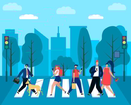 Pedestrians walking on city street. Group of people crossing road on crosswalk with traffic lights. Urban background. Flat vector illustration.