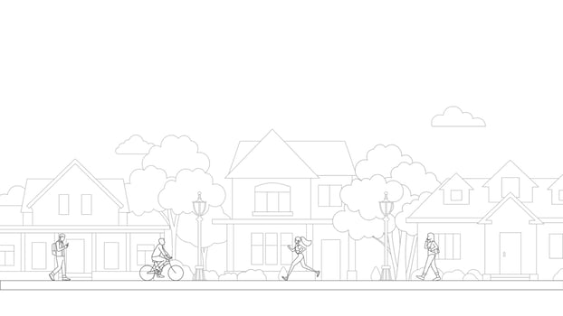 People village life neighborhood line art vector. Residential buildings on suburban street. Bike and walk people in village life neighborhood. vector