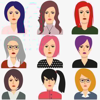 Set of woman avatars for web background design. Modern young people. Character design. User person. Flat vector illustration.