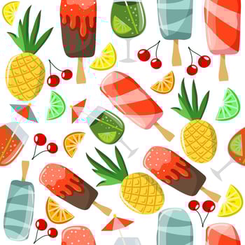 Seamless pattern with summer food and drinks - ice cream, cocktail, pineapple, lemon, orange, cherry. Vector colorful illustration for cafe menu, invitations, summer prints etc.