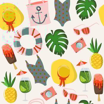 Seamless pattern with summer elements - ice cream, sunglasses, tropical leaves, swimsuit, pineapple, cocktail, hat, handbag, flip flops, towel. Colorful hand drawn vector illustration.