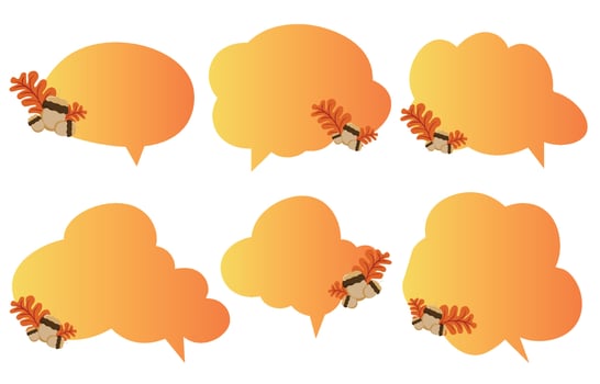 Set speech bubbles with brown leaves. Autumn and fall concept on white background.warm color chat vector doodle message or communication icon Cloud speaking for comics and minimal message dialog