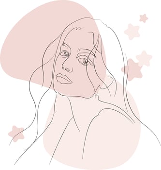 The face of a girl with long, flowing hair looking sideways, drawn in an art-line style, with a background of random shapes in light pink vector