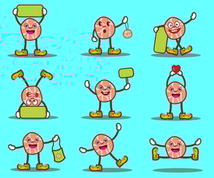 set of slice of meat as cartoon meat characters. Different expression for cute character vector illustration