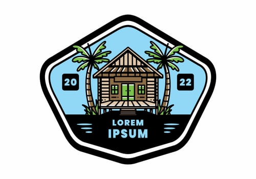 Wood house on the beach illustration badge design vector