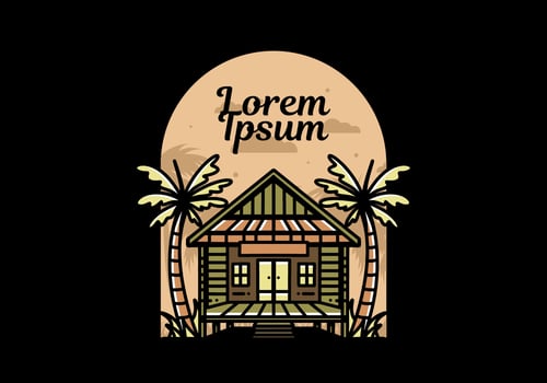 Wood house on the beach illustration badge design vector