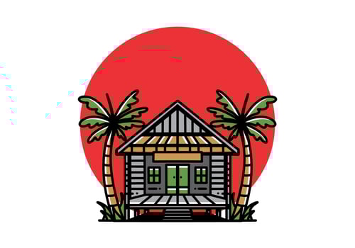 Wood house on the beach illustration badge design vector