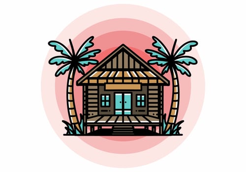 Wood house on the beach illustration badge design vector