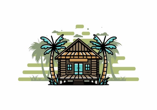Wood house on the beach illustration badge design vector