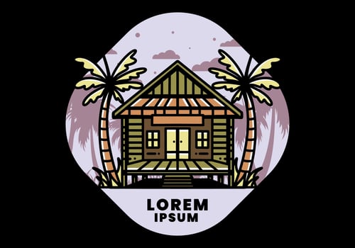 Wood house on the beach illustration badge design vector