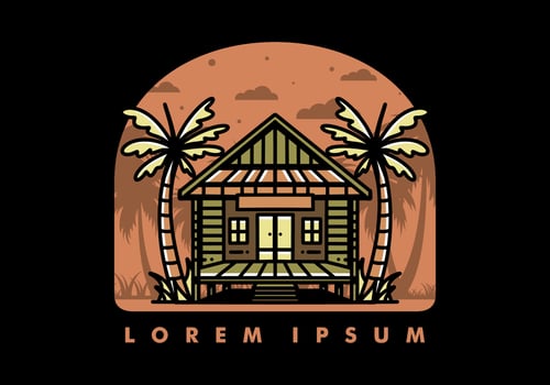 Wood house on the beach illustration badge design vector