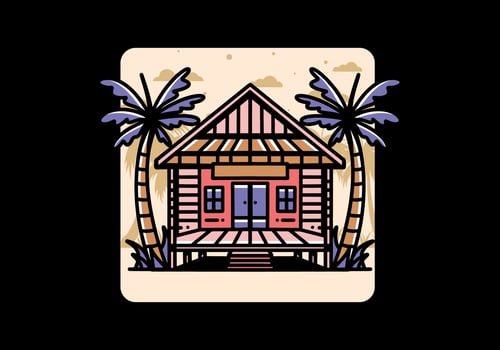Wood house on the beach illustration badge design vector