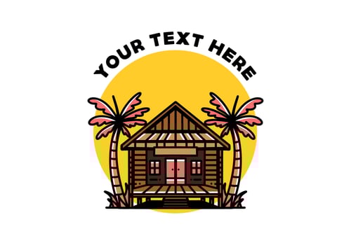 Wood house on the beach illustration badge design vector