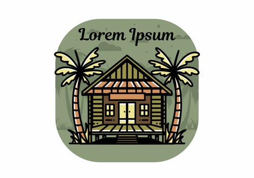 Wood house on the beach illustration badge design vector