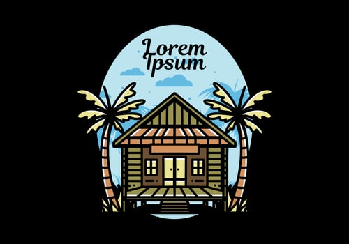 Wood house on the beach illustration badge design vector