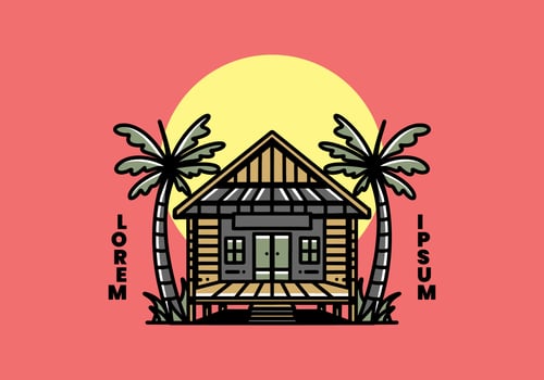 Wood house on the beach illustration badge design vector