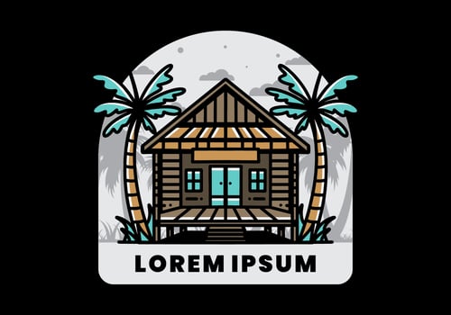 Wood house on the beach illustration badge design vector