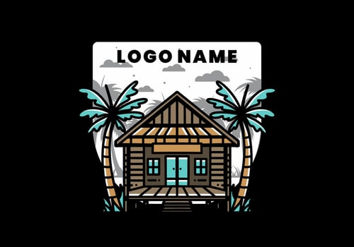 Wood house on the beach illustration badge design vector