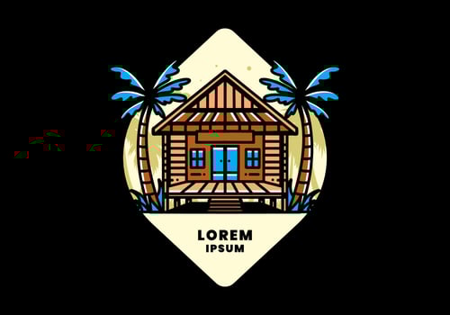 Wood house on the beach illustration badge design vector