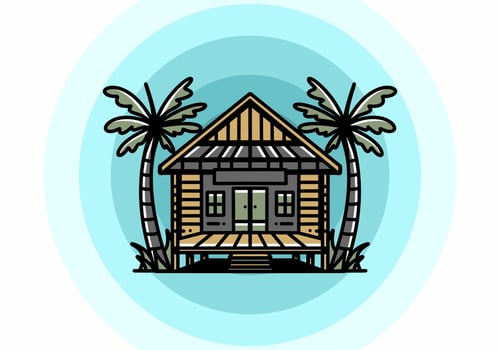 Wood house on the beach illustration badge design vector