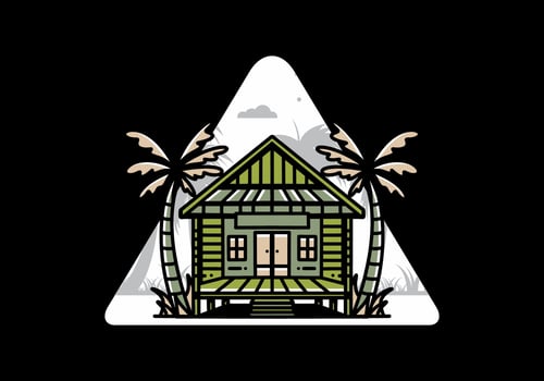 Wood house on the beach illustration badge design vector
