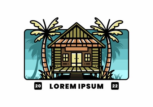 Wood house on the beach illustration badge design vector