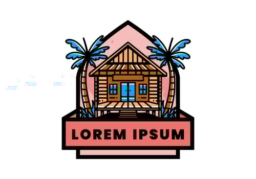 Wood house on the beach illustration badge design vector