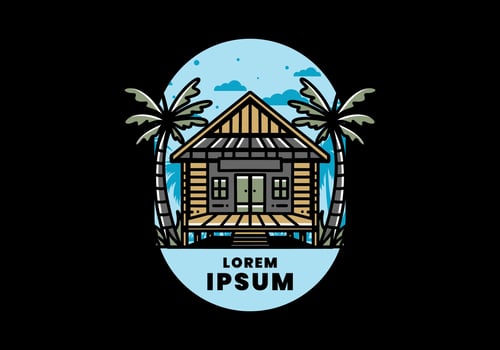 Wood house on the beach illustration badge design vector