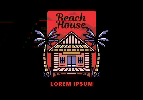 Wood house on the beach illustration badge design vector