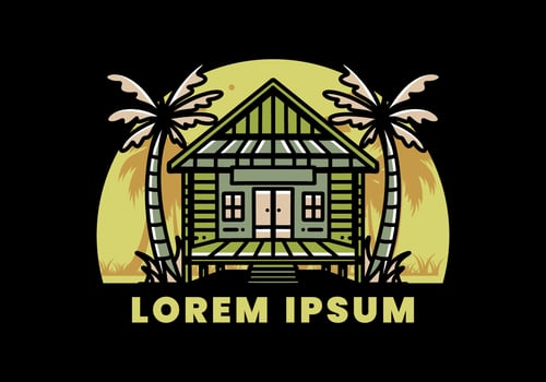 Wood house on the beach illustration badge design vector