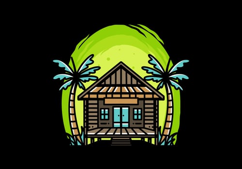 Wood house on the beach illustration badge design vector
