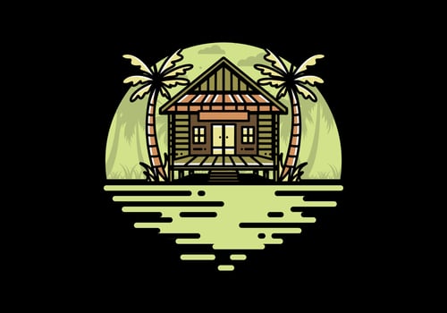 Wood house on the beach illustration badge design vector